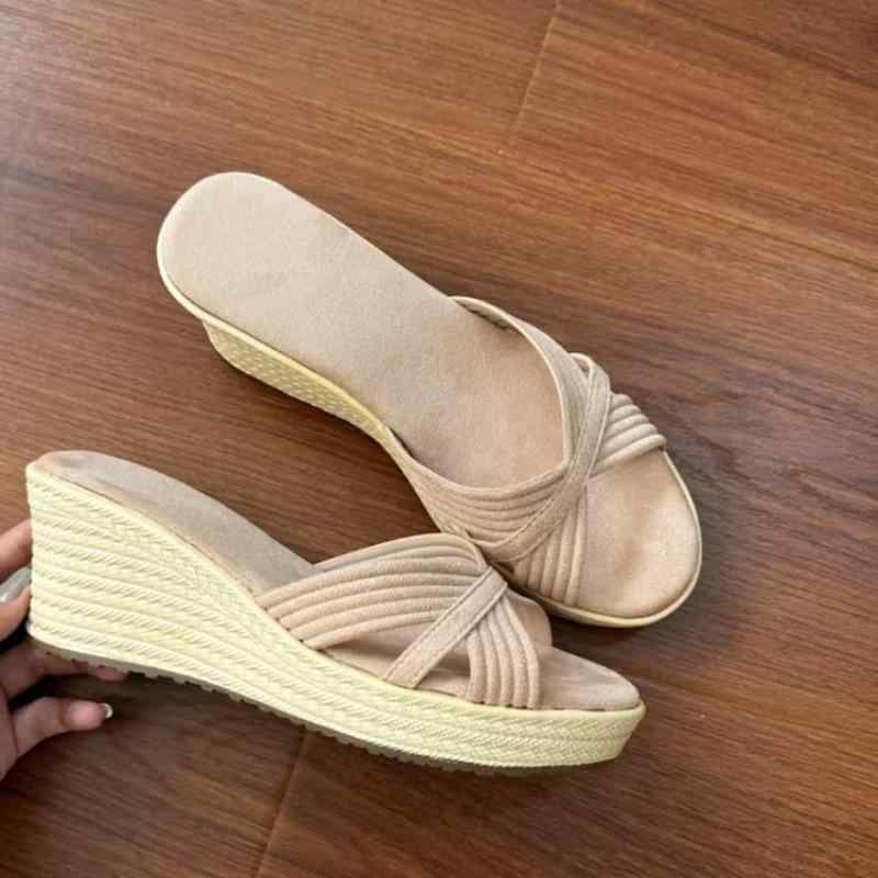 サンダル レディース 厚底 ウェッジソール スリッパ 杏ピンク ローマ風 合成皮革 ラウンドトゥ 一字式 バックストラップ カジュアル 普段使い 春夏(x2)