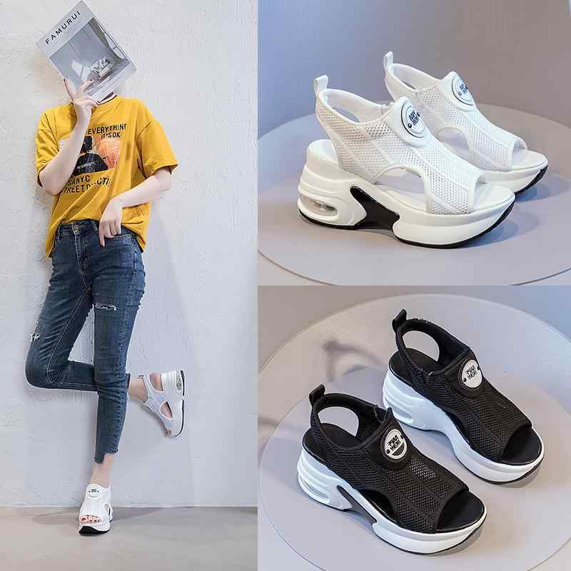 サンダル レディース 涼靴 黒 白 通気性 メッシュ 飛織 坡跟 厚底 身長アップ 3cm～5cm