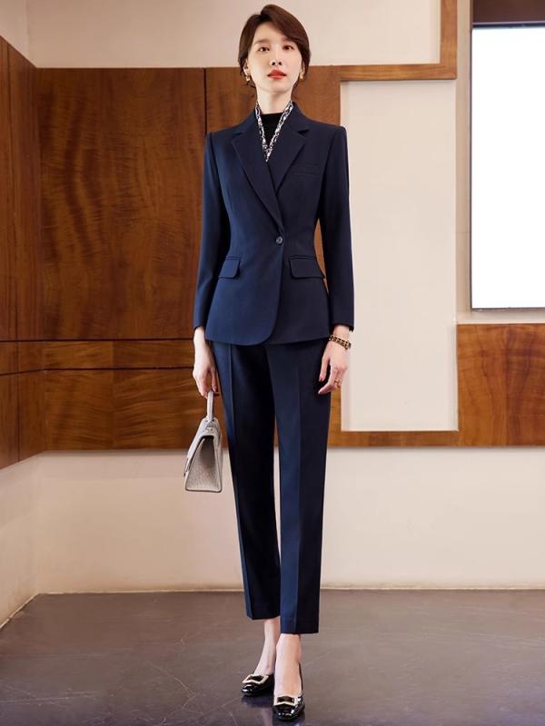 スーツ レディース 事務服 フォーマル ビジネス オフィス 通勤 OL 面接 就活 ネイビー ポリエステル 長袖 パンツ 上下 セット