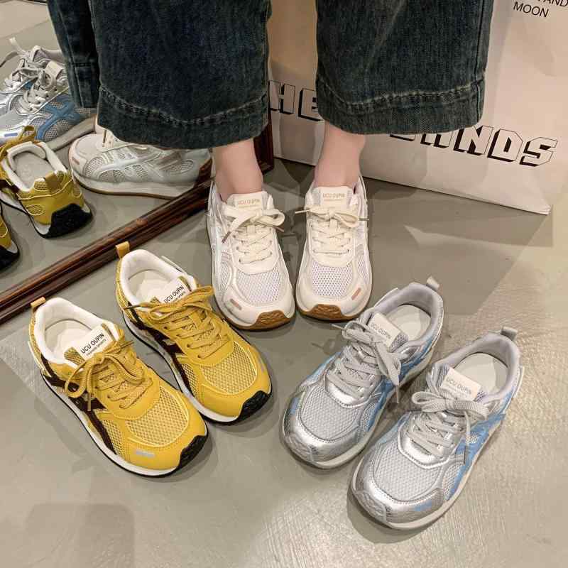 スニーカー レディース 厚底 メッシュ 通気性 スポーツシューズ カジュアル 普段使い ローカット 軽量 ベージュ ブルー イエロー 春夏