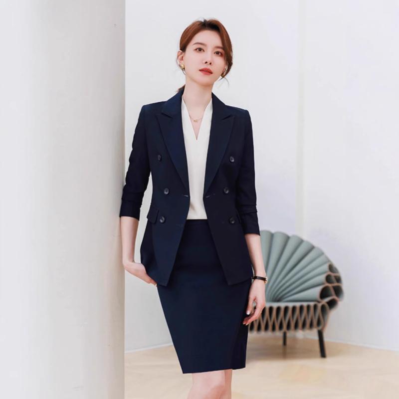 レディース ビジネスーツ セットアップ 春秋 ポリエステル テーラードジャケット パンツ スカート オフィス フォーマル 通勤 仕事着 事務服 制服 紺 ネイビー 無地