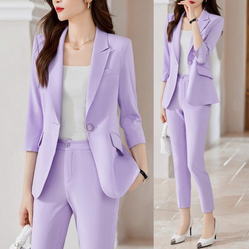 スーツ レディース 春夏 パンツスーツ セットアップ 小柄 ポリエステル オフィスタイル 通勤 九分丈 五分袖 白 黒 ピンク系 茶色 オレンジ 紫(x2)