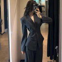 スーツ レディース 豪華感 春物 パンツスーツ セットアップ 長袖 テーラードジャケット ワイドレッグパンツ アクリル ポリエステル 黒 ブラック グレー M L XL