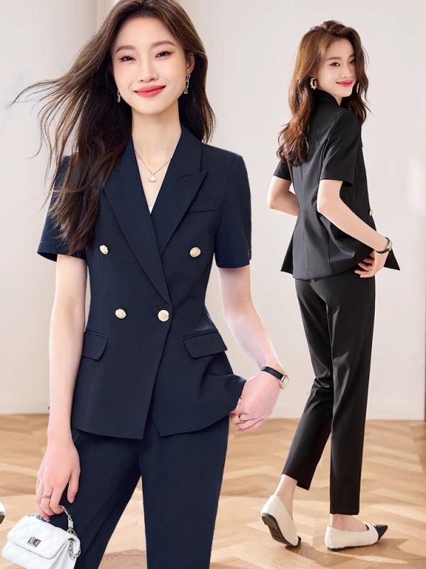 スーツ レディース 薄手 半袖 テーラードジャケット パンツ スカート セットアップ ポリエステル 粘胶纤维 接触冷感 通勤 オフィス 仕事着 フォーマル 紺色 黒 グレー