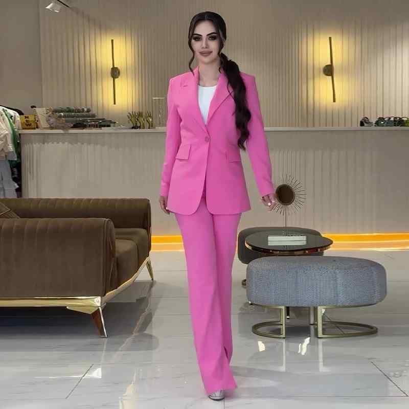 パンツ レディース スーツ 2点セット ポリエステル 無地 テーラード襟 長袖 トップス ロングパンツ セットアップ ピンク系 快適 普段使い