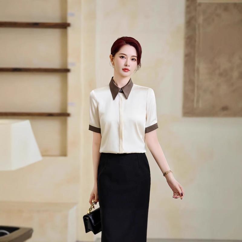 シャツ レディース 半袖 膝丈ワンピース 2点セット ポリエステル オフィス フォーマル 杏色 ホワイト S M L XL 2XL 3XL 4XL