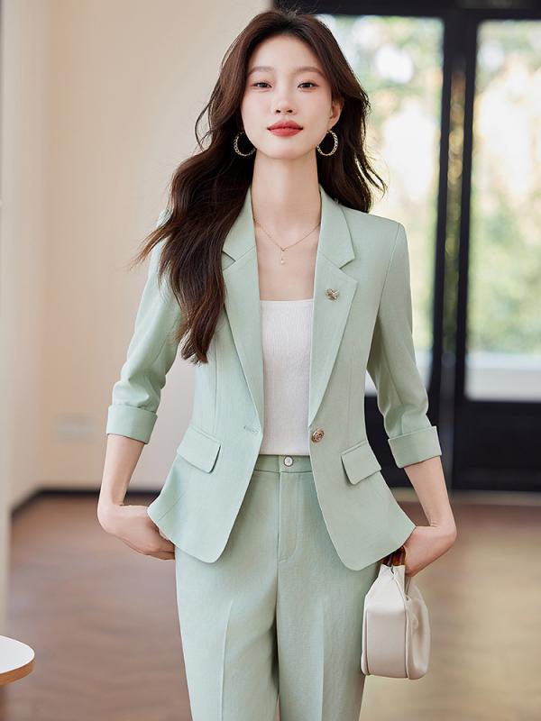 スーツ レディース 春夏 7分袖 テーラード ジャケット パンツ セットアップ オフィス カジュアル ポリエステル 綿 混紡 グリーン 緑
