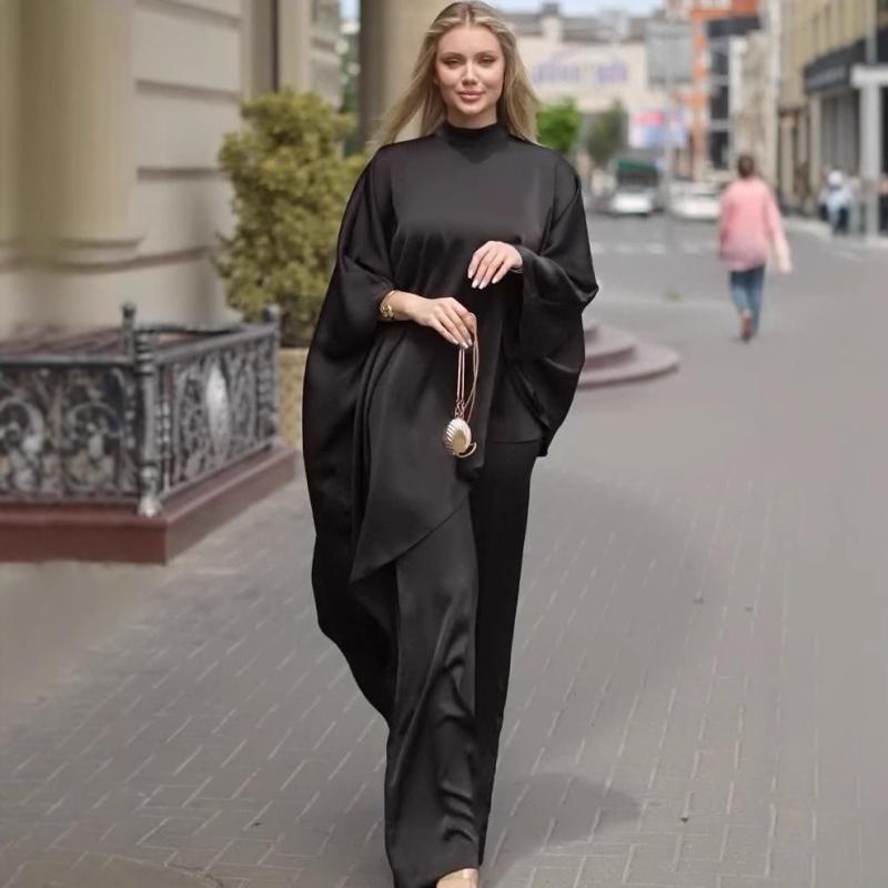 パンツ レディース 春秋 ポリエステル ワイドレッグパンツ 長袖トップス セットアップ 無地 ブラック XS S M L XL XXL きれいめ 通勤