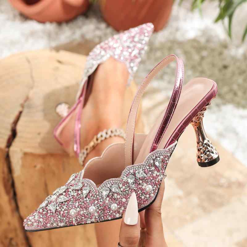 サンダル レディース ピンク系 ラインストーン 高めヒール ミュール スリッパ ポインテッドトゥ 普段使..