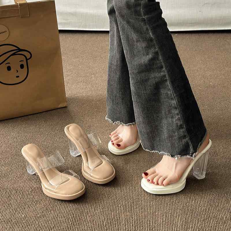 サンダル レディース 厚底 防水 ストラップ クリア ヒール ミュール チャンキーヒール スクエアトゥ か..
