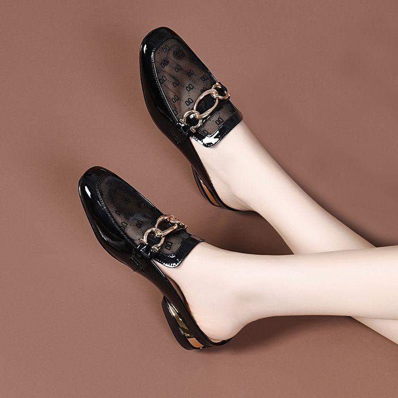 サンダル レディース レザー ミュール 婦人靴 メッシュ スリッパ 太ヒール ポインテッドトゥ 通勤 ブラ..