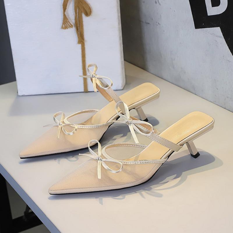 靴 レディース レース ミュール パンプス ポインテッドトゥ 浅履き チョウ 結び ストラップ ミドルヒー..