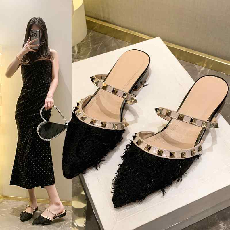 サンダル レディース ポインテッドトゥ ラインストーン スタッズ チャンキーヒール ミュール 米白 黒 ..