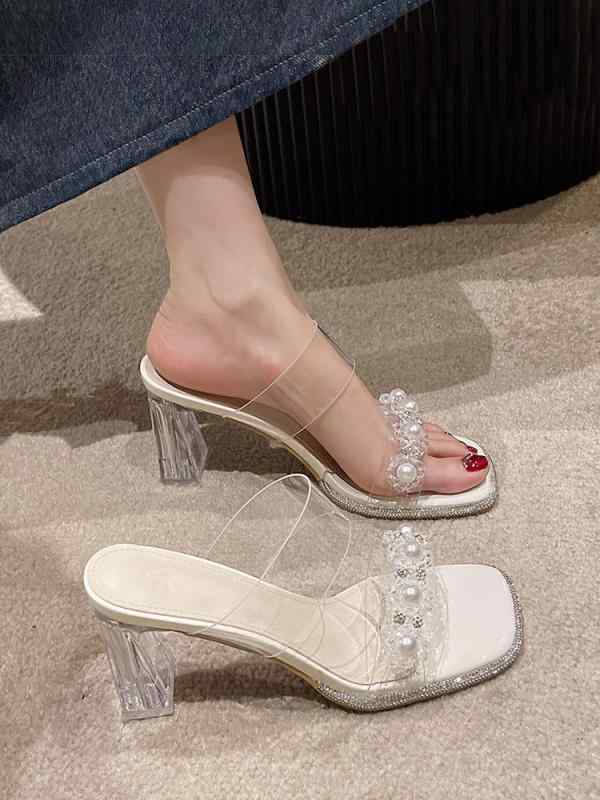 サンダル レディース 厚底 透明 クリア 高めヒール スクエアトゥ 太めヒール ミュール カート ベージュ系