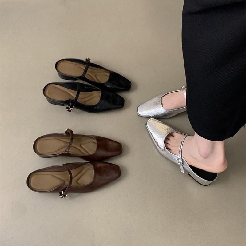 サンダル レディース 春夏 韓国 包頭 スリッパ 繊 シルバー シルバー 太ヒール ローヒール チャンキーヒール スクエアトゥ 普段使い