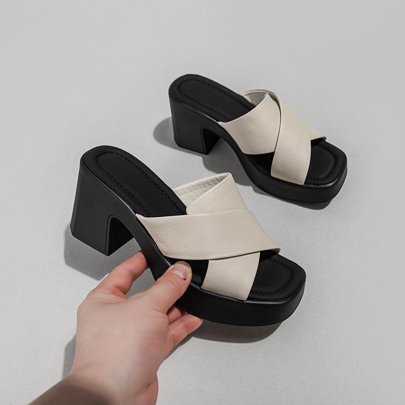 サンダル レディース 厚底 粗めヒール オープントゥ 一文字 クロス 涼しい 婦人靴 フィッシュマウス 合..