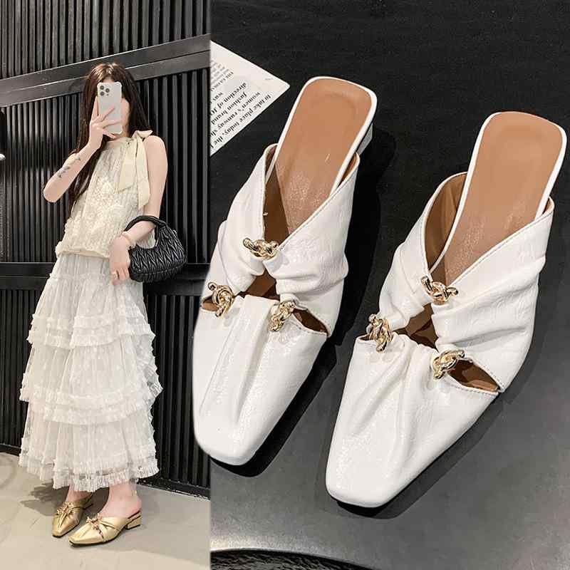 サンダル レディース 大きいサイズ ポインテッドトゥ 太ヒール ミュール バブーシュ 通勤 オフィス ゴールド シルバー 白 PU 婦人靴(x2)