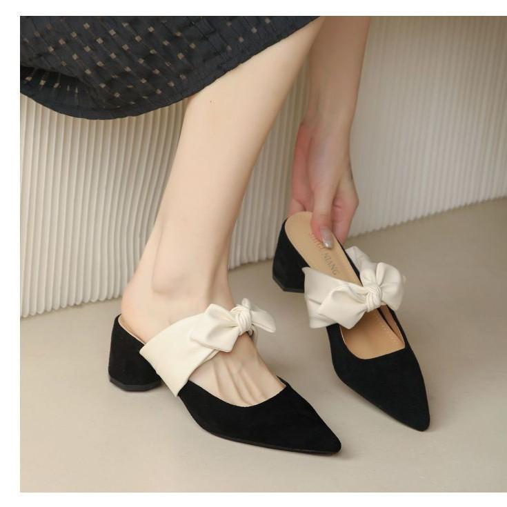 パンプス レディース 太ヒール ポインテッドトゥ 春秋 バレエシューズ サンダル 2way ローヒール PUレ..