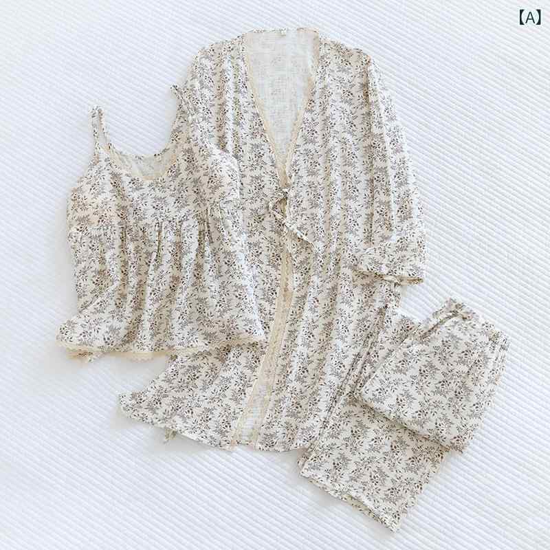 春夏 パジャマ 3点 セット レディース 汉 服 ストラップ カップ付き タンクトップ ワイドパンツ ちりめん コットンガーゼ ルーム ウェア