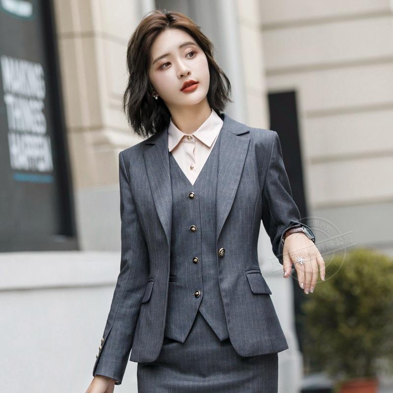 スーツ レディース グレー ストライプ柄 フォーマル オフィス ビジネス リクルート 就活 面接 転職 OL ..