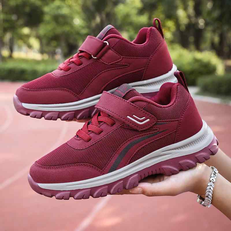 靴 高齢者用 通気性 メッシュ シューズ 秋冬 面ファスナー ストラップ ローヒール フラット 介護 リハビリ スニーカー 男性用 女性用 パープル レッド ブラック グレー