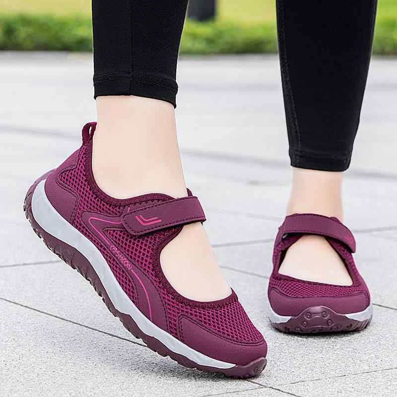 靴/シューズ レディース 高齢者 介護シューズ メッシュ 通気性 面ファスナー ローヒール ラウンドトゥ 普段使い 婦人靴 ブラック パープル ワインレッド
