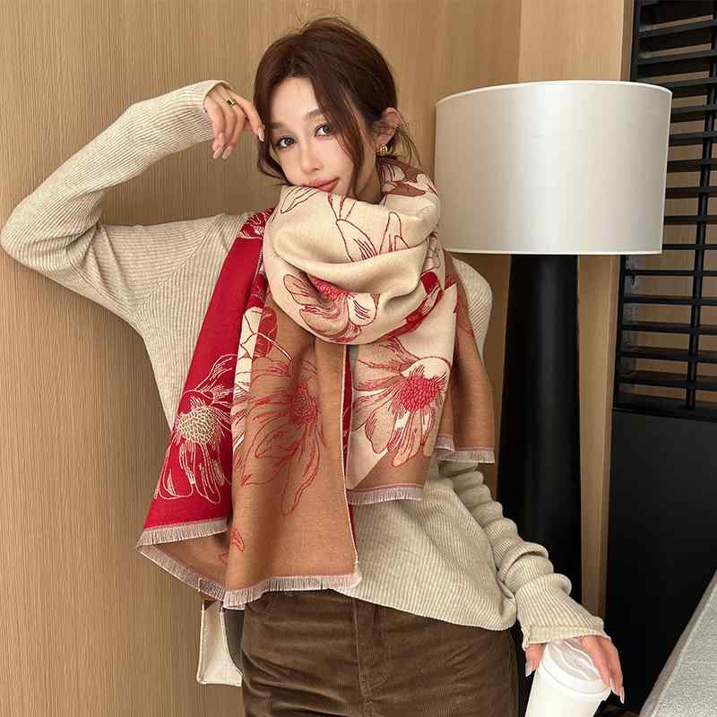 マフラー レディース 秋冬 和風 大判 厚手 カシミヤタッチ ストール 肩掛け 膝掛け ネックウォーマー 冷房対策 ひざ掛け ショール 防寒 あったか エレガント レトロ 玉蘭花2