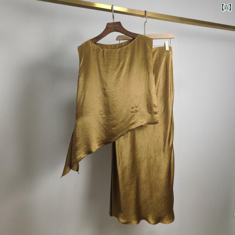 2025 夏 婦人 服 スーツ 不規則 アセテート トップ スカート 2点セット