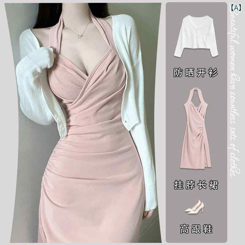 美 白 ホルターネック ドレス レースカーディガン スーツ 女性 夏 スリム ホットガール サスペンダー スカート