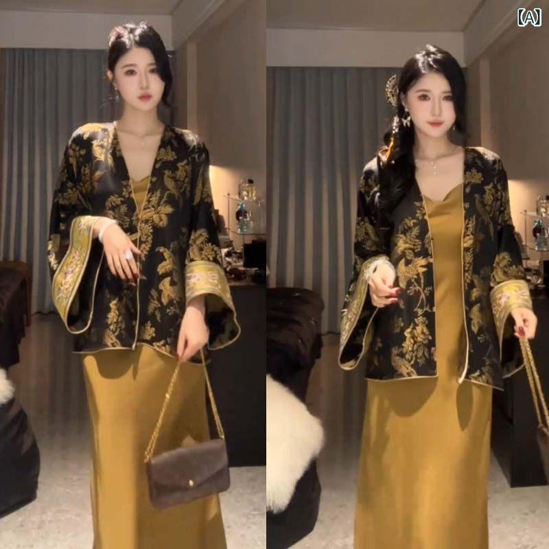 シングル / スーツ 感 秋 新型 スーツ チャイナ風 コート ワンピース 2点 セット