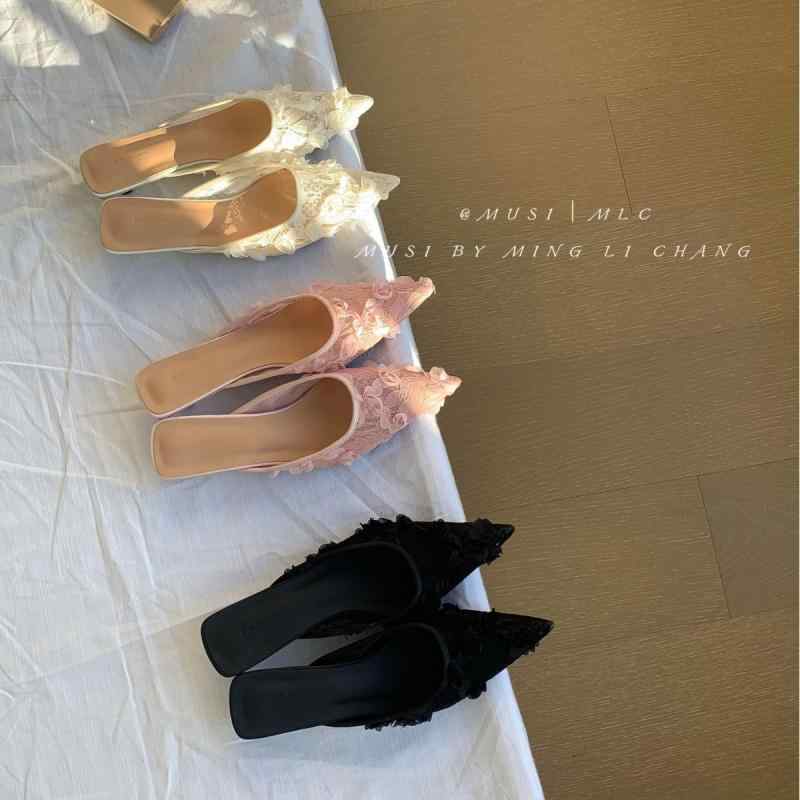 サンダル レディース 婦人靴 ミュール ハイヒール ポインテッドトゥ メッシュ 花柄 ブラック ピンク系 ベージュ 春夏 セクシー きれいめ かわいい(4.0)