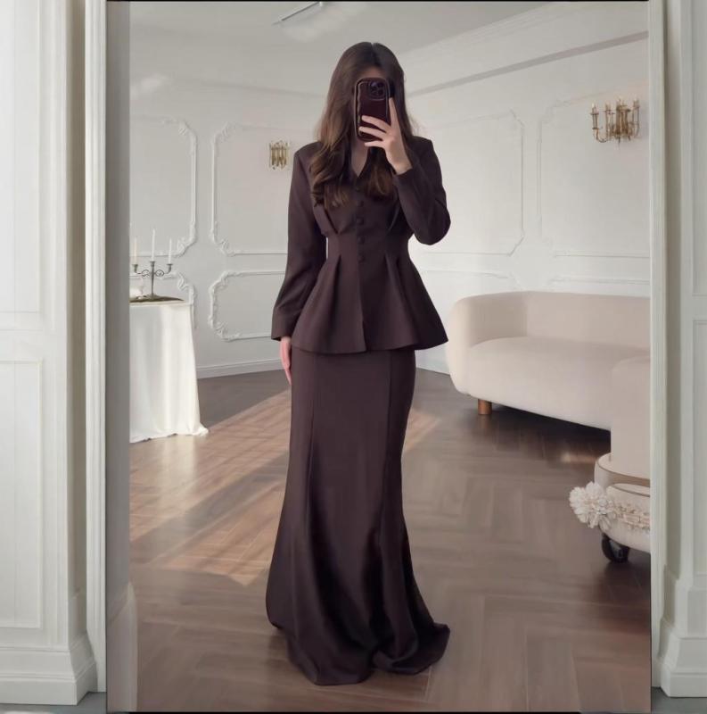 スカート レディース 秋冬 セットアップ 2点セット 長袖 カーディガン ロングスカート ポリエステル 栗色 黄色 グレー チョコレート色 黒 白 赤 ピンク 青 XS S M L XL XXL エレガント OL 通勤