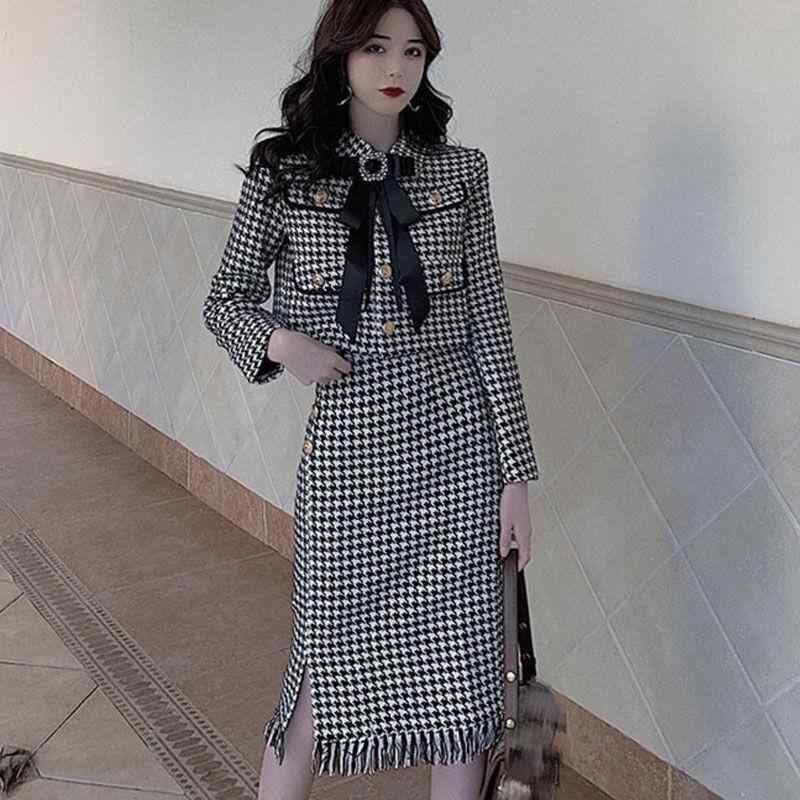 ワンピース レディース セットアップ チェック柄 OL 通勤 長袖 膝丈 ミモレ丈 ツーピース ニットソー トップス スカート 秋 春 シェニール織 伸縮性(x2)