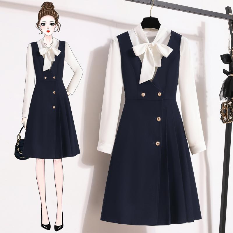 レディース スーツ 2点セット シャツ ベスト ワンピース 幼稚園教諭 ホテル フロント 美容部員 制服 ポリエステル 綿 混紡 長袖 半袖 膝丈 ミモレ丈 ネイビー 紺 OL 通勤
