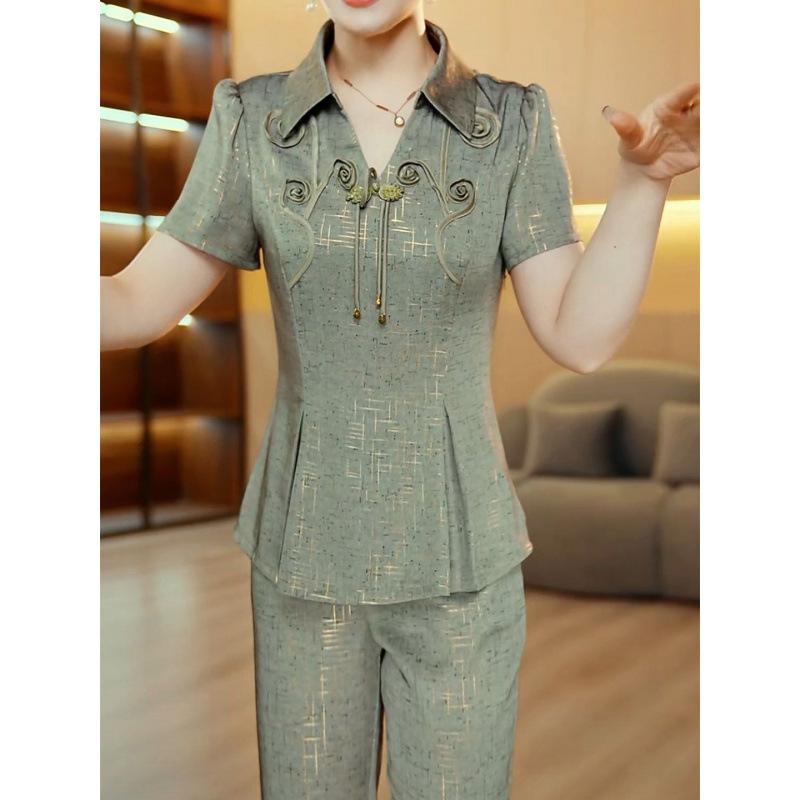 セットアップ レディース 春夏 2点セット チャイナドレス風 トップス スカート ゆったり 薄手 9分袖 花柄 緑 グリーン M L XL 2XL 3XL 4XL