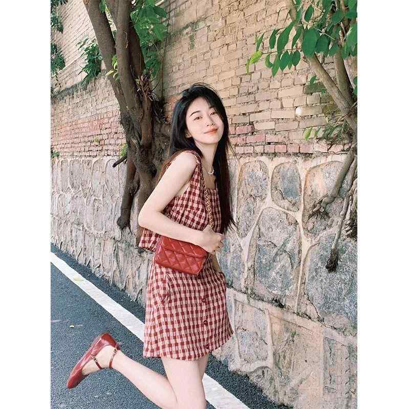 ワンピース レディース レッド 赤 レトロ チェック柄 キャミソール ハイウエスト ミニスカート ショート丈 上下セット OL 通勤
