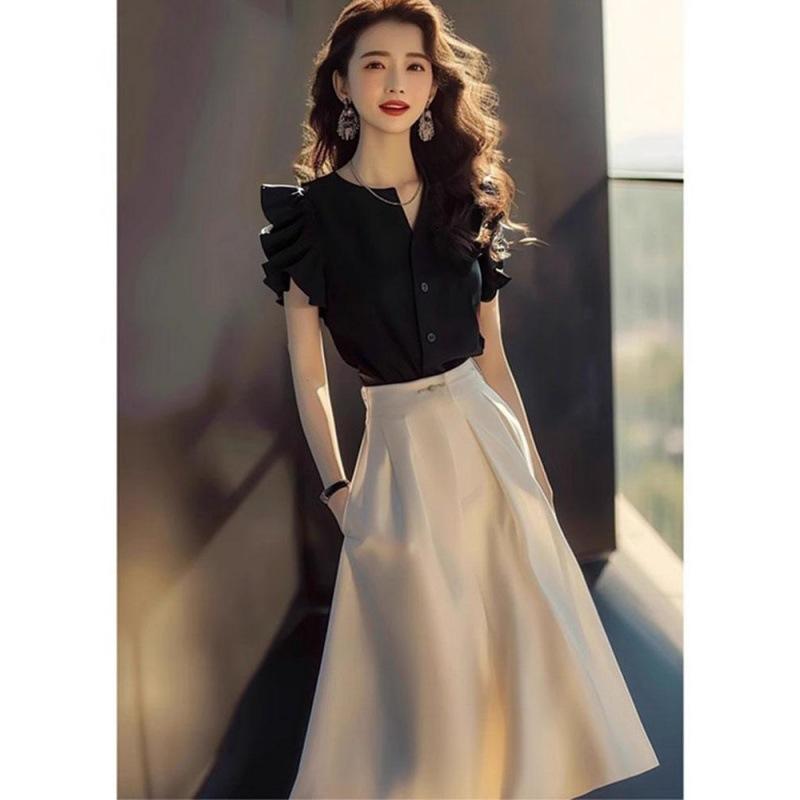 セットアップ レディース 2点セット シャツ ブラウス 膝丈スカート ポリエステル ブラック 黒 OL 通勤 きれいめ 上品 エレガント 花柄 春夏