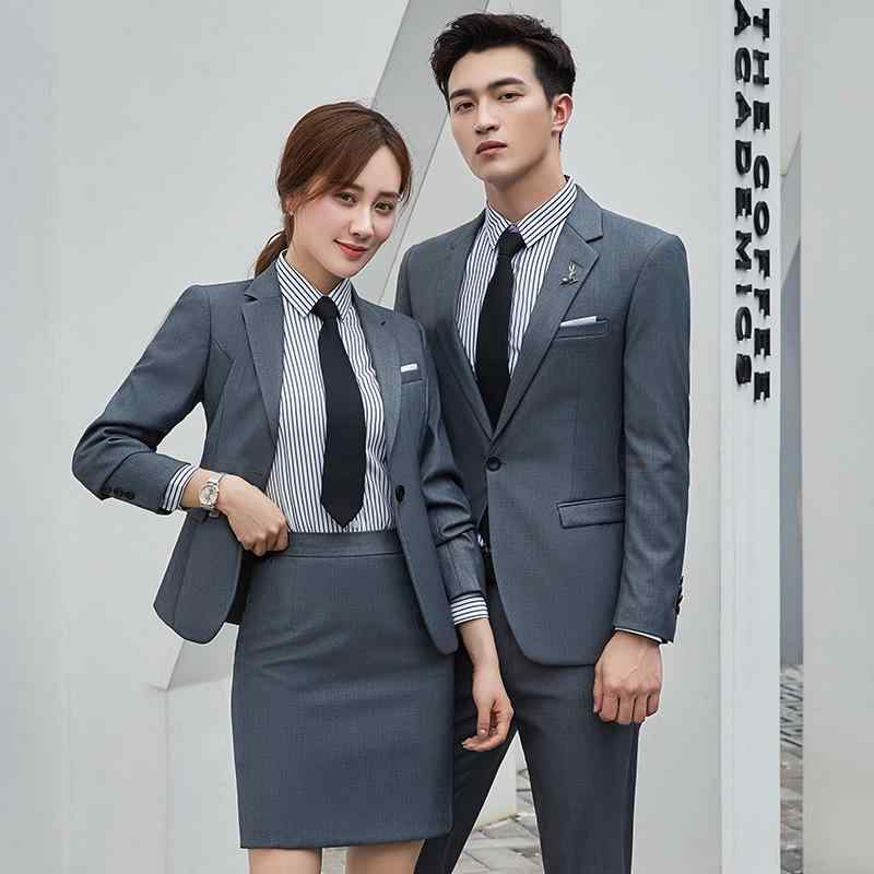 スーツ メンズ レディース ビジネス フォーマル 厚手 4S店 銀行 制服 男性用 女性用 宝藍 紺色 黒 グレー ワインレッド 杏色 パンツ ジャケット スカート シャツ ブラウス ベスト 大きいサイズ OL 通勤(x2)