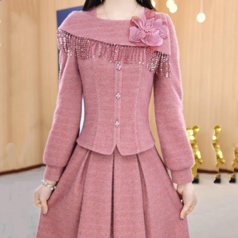 セットアップ レディース 小香風 春秋 上下セット カットソー スカート 長袖 膝丈 ミモレ丈 ピンク系