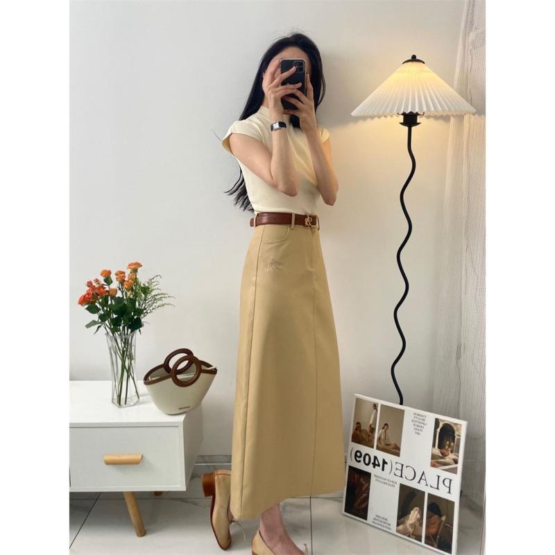 ニット レディース セットアップ 五分袖ニット カーキ ロングスカート 2点セット OL 通勤 オフィスタイル 刺繡 シェニール織