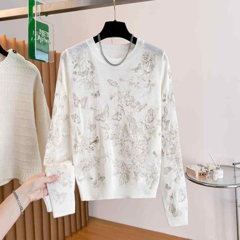 ニット レディース 南油 羊毛 混紡 金糸 満身 蝶 刺繍 長袖 丸首 セーター トップス 文芸復古 白 S M L