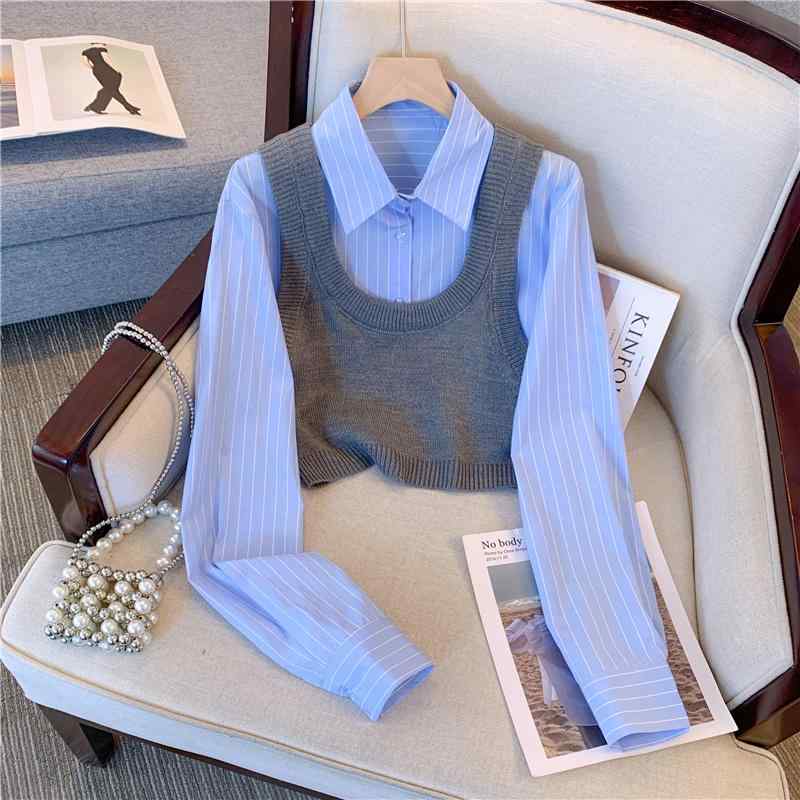ニット レディース ストライプ柄 シャツ アンサンブル 高見え カーディガン へそ出し トップス 長袖 コットン ポリエステル 秋冬 ストリート セクシー スタイル