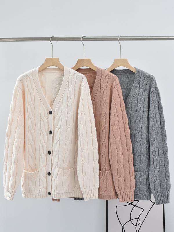 カーディガン レディース Vネック ニット セーター ウール タッチ 厚手 ミドル丈 秋冬 暖かい ゆったり リラックス ルーズフィット ポケット付き カジュアル グレー アイボリー(x2)