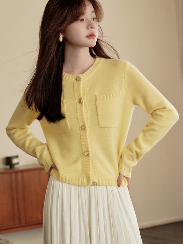 ニット レディース カーディガン 秋冬 セーター ショート丈 丸首 長袖 無地 イエロー ピンク系 ブルー グレー 日韓スタイル