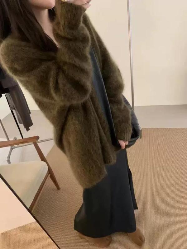 カーディガン レディース ニット Vネック 長袖 花式ヤーン 秋冬 リラックス ゆったり 暖か ブラウン系 グリーン系