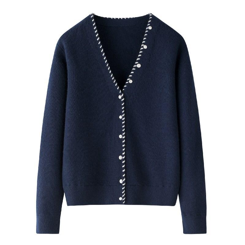 カーディガン レディース Vネック ニット ショート丈 12ゲージ 配色 厚手 長袖 秋冬 XS S M L XL XXL ..