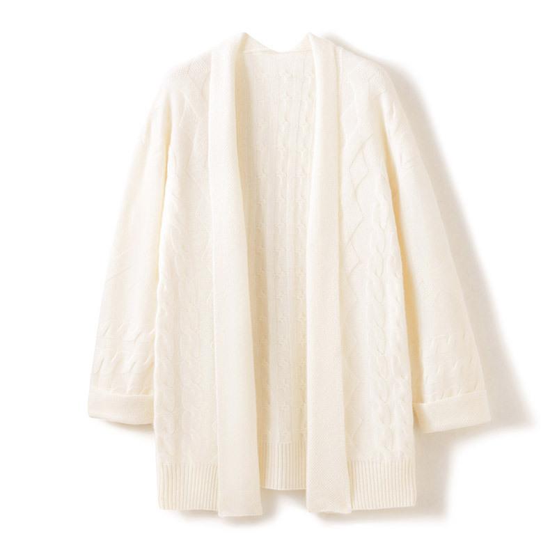 カーディガン レディース 秋冬 ゆったり 厚手 羊毛 長袖 ニット アウター ケーブル編み ミドル丈 無地 体型カバー 通勤 オフィス カジュアル かわいい ホワイト パープル ブルー(x2)(4)