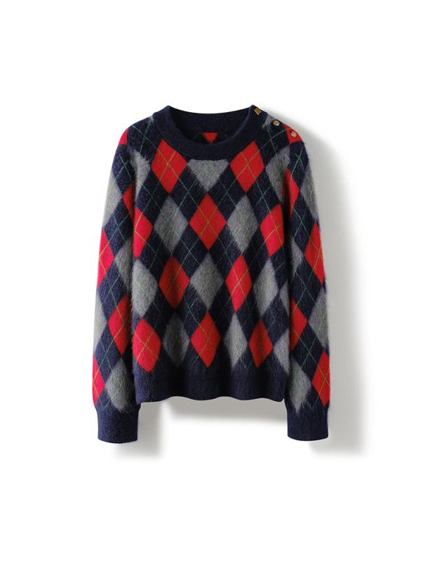ニット レディース レトロ チェック柄 ラウンドネック プルオーバー ジャカード 菱形 切り替え 配色 ニット トップス 長袖 通勤着 秋冬
