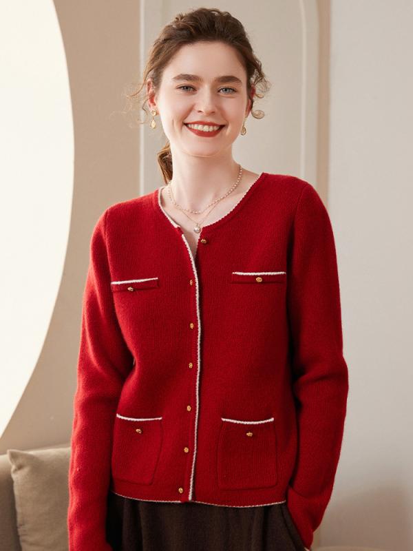 ニット レディース カーディガン 秋冬 配色 撞色 羊毛 タッチ ニットトップス 長袖 ラウンドネック ゆったり 厚手 カジュアル 通勤 ブラック レッド系