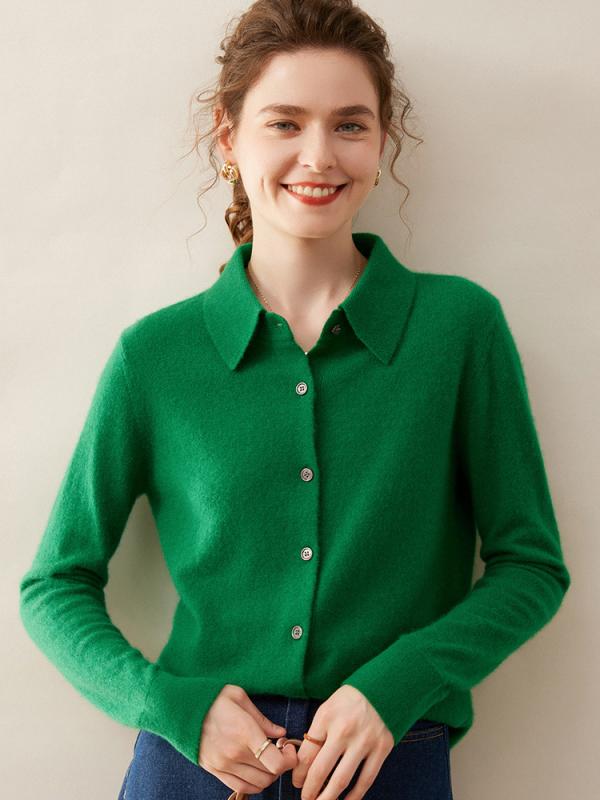 ニット レディース 秋冬 POLOネック カーディガン 長袖 セーター 襟付き ニットシャツ トップス 混 無地 通勤 白/キャメル/黒/緑